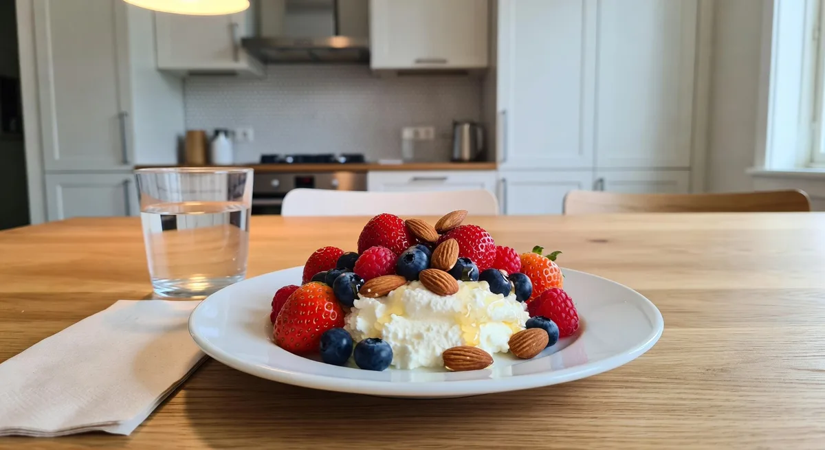 Fräsch cottage cheese-skål med bär och nötter