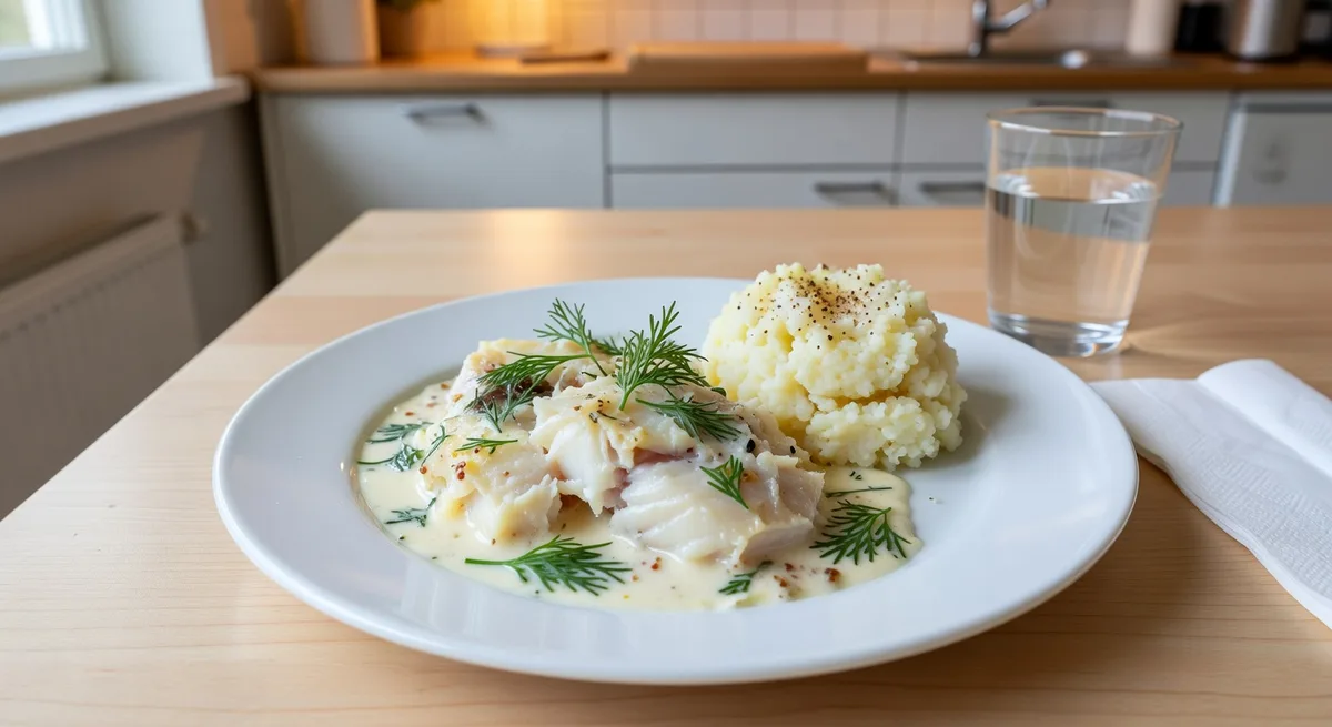 Lätt fiskgratäng med blomkålsmos och dill